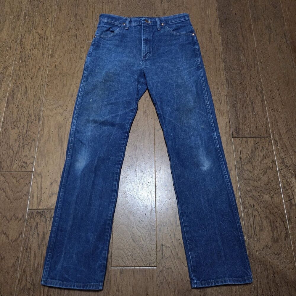 Wrangler 13MWZ Jeans Mens 33x34 Blue Medium Wash Cowboy Cut Straight Distressed